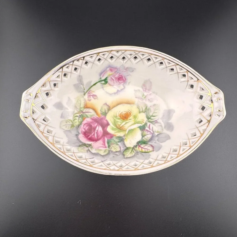 Vintage Kalk Pierced Footed Oval Bowl Porcelain Crossed Arrows Mark Roses German